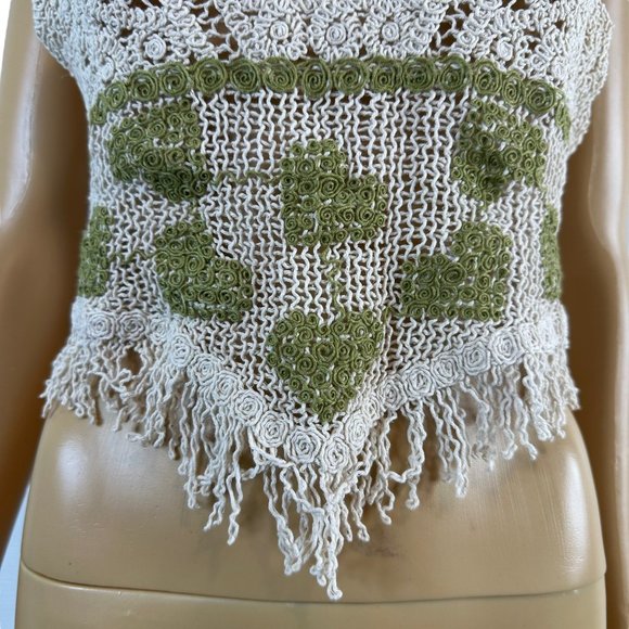 Women Boho Blouse Crop Top Crochet Small Ivory Green Hem Fringe Sleeveless V-Nec - Picture 12 of 16